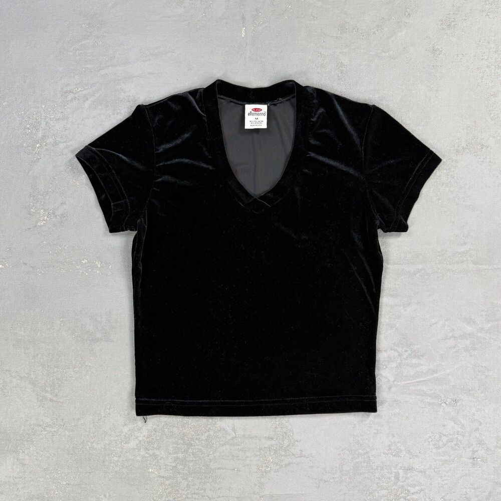 Vintage 1990s Ellemeno Black Velvet V-Neck Shirt Women's Medium